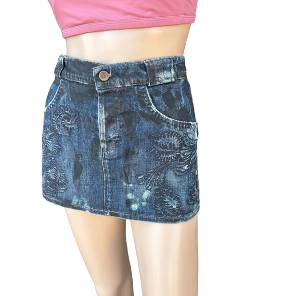 New Goldsign Floral Embroidered Distressed Splattered Denim Jean Mini Skirt 27 - Picture 5 of 13
